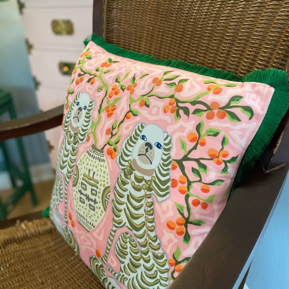 Pillow Cover Grandmillennial Monkeys - Pink Green Chinoiserie Staffordshire Dogs - Picture 12 of 17